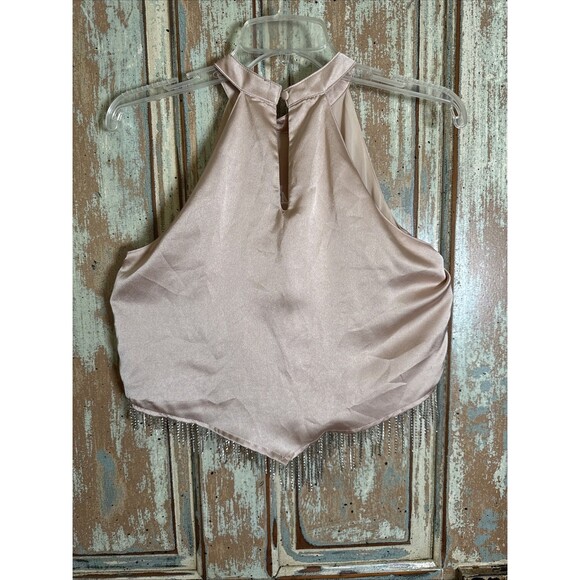 Blue B Blush Colored Halter Top With Rhinestone Fringe Small Handkerchief Hem - Picture 4 of 6